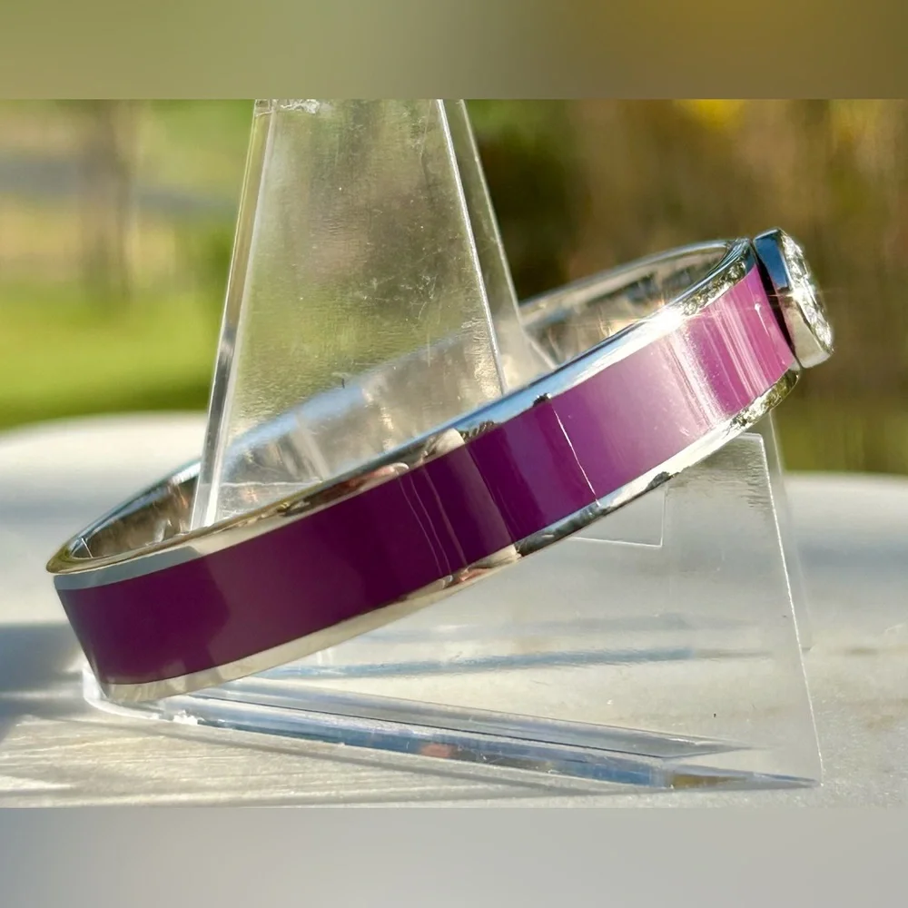 Coach Signature C Magenta Purple Silver Enameled Hinged Bangle Bracelet